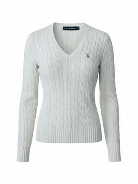 Vintage Ralph Lauren Cable Knit Sweater Ivory V Neck Pony Logo Cotton M